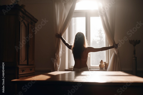 Awake Young Woman in Bedroom Morning Scene. Generative Ai.