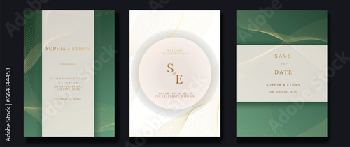Luxury invitation card background vector. Golden elegant geometric shape, gold lines gradient on green and white background. Premium design illustration for gala card, grand opening, party invitation.