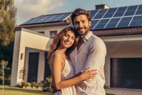 Young Caucasian couple with smiles standing in front of a house with solar panels. Sustainable energy solutions for cost savings. Generative Ai.