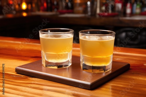 two whiskey sours on coasters at a wooden bar counter photo