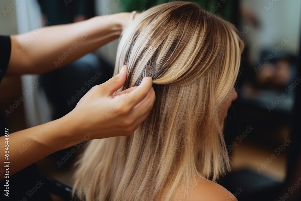 Naklejka premium Female hairdresser stylish doing hair dyeing to long hair customer in the hair salon.
