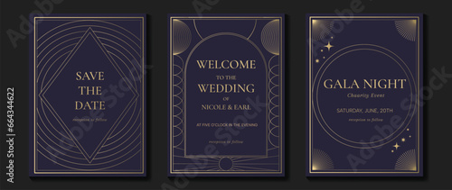 Luxury invitation card background vector. Elegant classic antique design, gold lines gradient on dark blue background. Premium design illustration for gala card, grand opening, art deco, magazine.