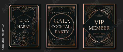 Luxury invitation card background vector. Elegant classic antique design, rose gold lines gradient, sparkle on dark background. Premium design illustration for gala card, grand opening, art deco.