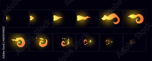 Set of fire flames. Fire explosion sprites frame loop animation for cartoon, video game, motion graphic. Vector editable illustration art.