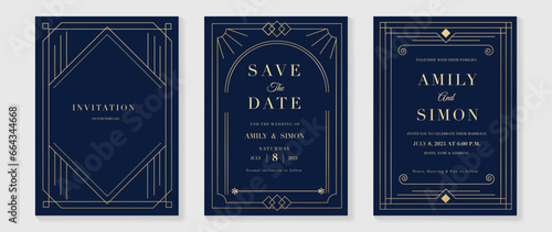 Luxury invitation card background vector. Elegant classic antique design, gold lines gradient, flower on dark blue background. Premium design illustration for gala card, grand opening, art deco.