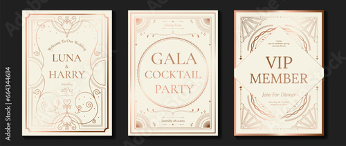 Luxury invitation card background vector. Elegant classic antique design, rose gold lines gradient, sparkle on light background. Premium design illustration for gala card, grand opening, art deco.