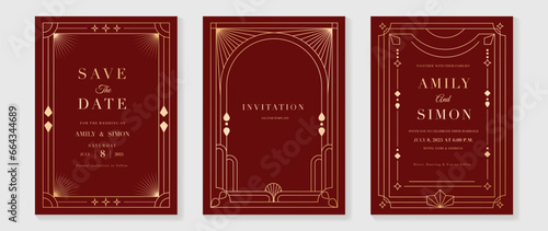 Luxury invitation card background vector. Elegant classic antique design, gold lines gradient, sparkle on red background. Premium design illustration for gala card, grand opening, art deco, magazine.