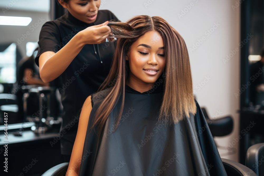 Female hairdresser stylish doing hair dyeing to long hair customer in the hair salon. Female hairdresser stylish doing hair dyeing to long hair customer in the hair salon.