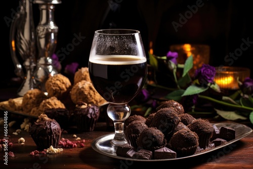 stout beer beside a dish of chocolate truffles