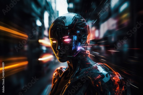 Male android robot head iwith motion blur neon light. Artificial intelligence android concept. Human AI relationship.