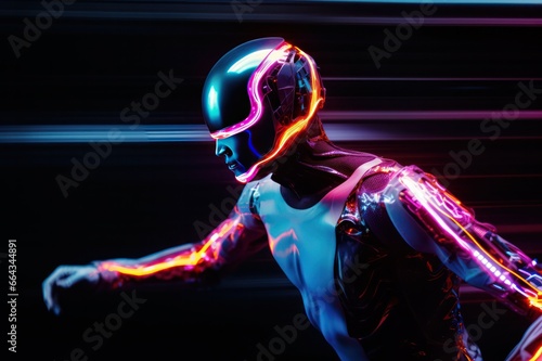 Male robot motion blur pink neon light poster. Artificial intelligence android concept. Human AI relationship.