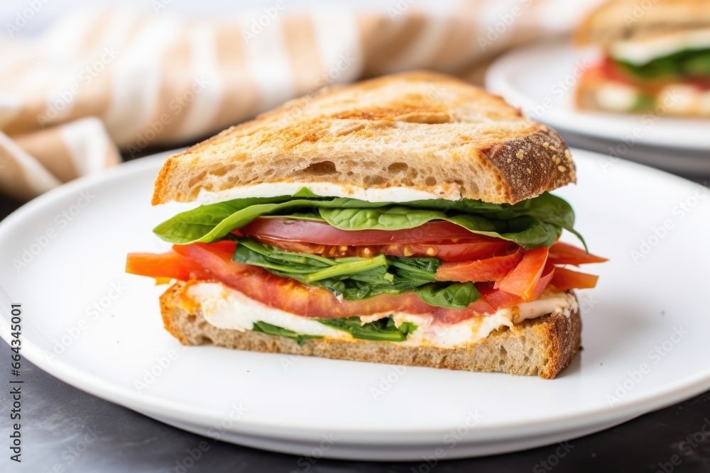 overhead shot of sourdough bread sandwich on a white plate overhead shot of sourdough bread sandwich on a white plate