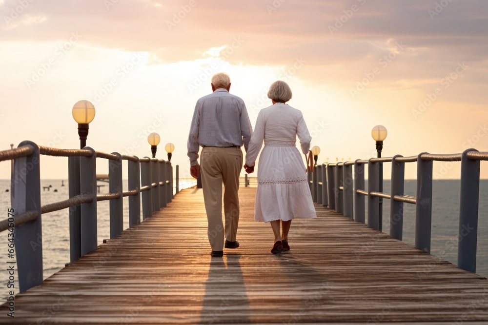 Fototapeta premium Senior couple walking on the pier by the beach on vacation. Elderly people. Romantic walk. 