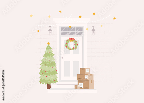 Background Of Front Door With Christmas Wreath, Christmas Tree, Christmas Decoration And Package Placed On The Doorstep.