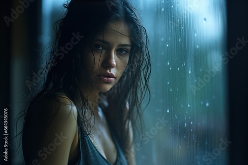portrait of a young attractive woman near misted glass in the rain. Blue Monday concept.