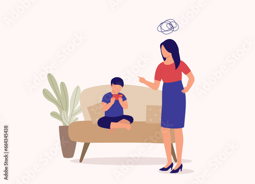 Angry Mother Scolding Her Son For Spending Too Much Time On His Handphone. Digital Native. Video Game. Full Length. Flat Design.