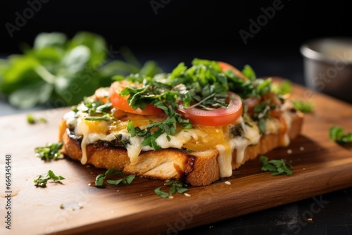 open-faced grilled cheese sandwich topped with organic parsley