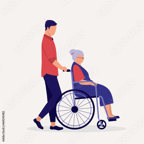 Side View Of An Adult Son Pushing His Elderly Mother With Wheelchair. Full Length. Flat Design.