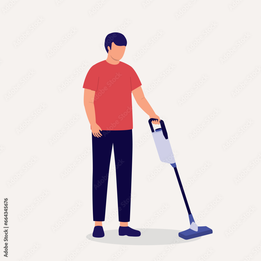 One Man Using A Cordless Vacuum Cleaner. Full Length. Flat Design. One Man Using A Cordless Vacuum Cleaner. Full Length. Flat Design.