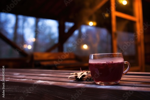 a glass of mulled wine on a wooden bench in a steamy outdoor hot tub