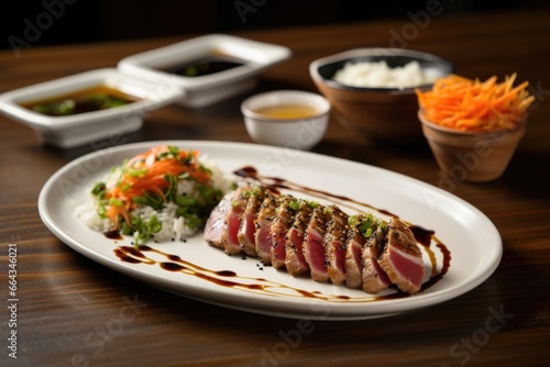 seared tuna steak with dipping sauce in a meal setup