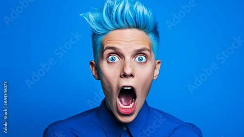 a man with blue hair and blue eyes on a blue background, surprise on his face © SavinArt