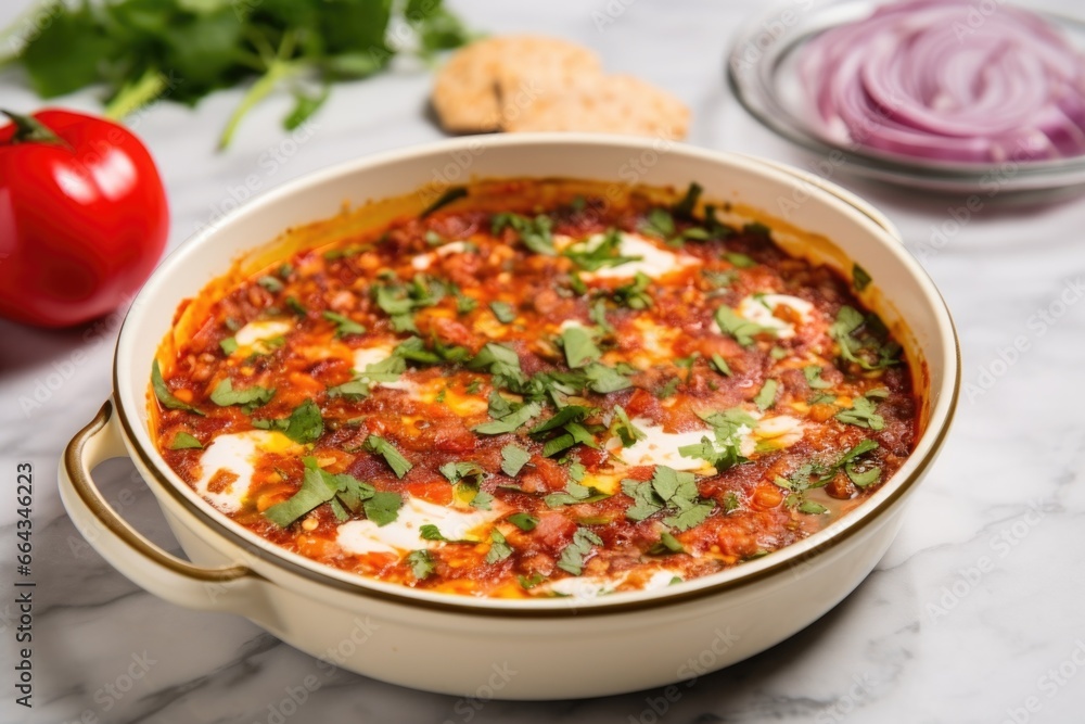 shakshuka in a transparent dish on a marble countertop shakshuka in a transparent dish on a marble countertop