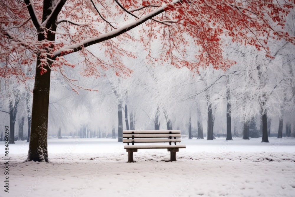 a bench in a park surrounded by snow