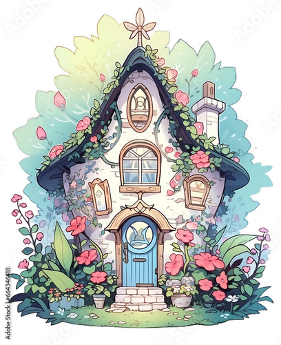 Fairytale magic fairy house  decorated by florals in a fantasy forest.
