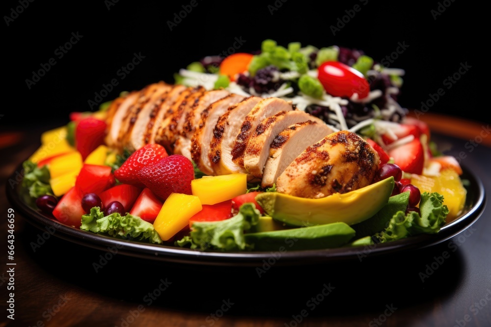 close up of salad with grilled chicken, vegetables and fruits close up of salad with grilled chicken, vegetables and fruits