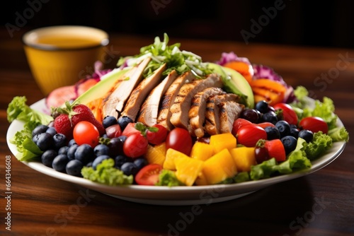 close up of salad with grilled chicken, vegetables and fruits