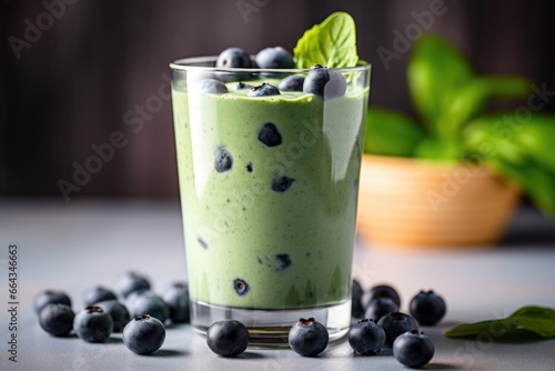 a smoothie with spinach, blueberries, and almond milk