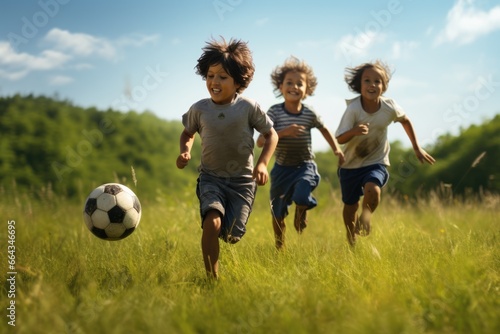 Cute little children playing football outdoors, happy and smile.