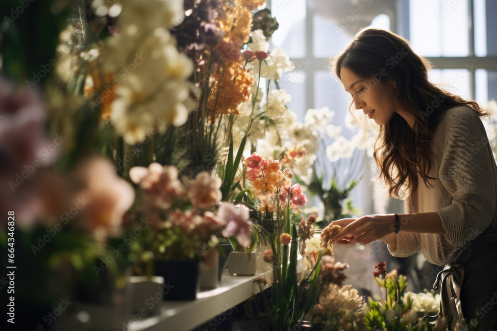 young woman arranges flowers in a flower shop