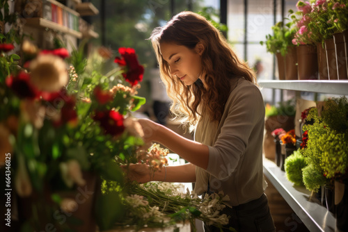young woman arranges flowers in a flower shop