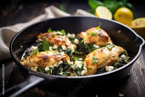 chicken stuffed with spinach and feta in a cooking pan
