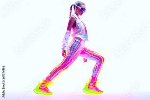 Fashion woman in neon costume and neon shoes, in the style of futuristic pop, luminous color palette