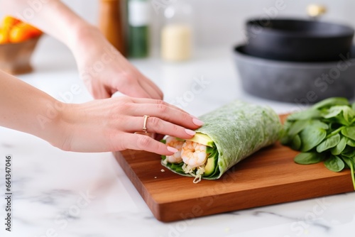 fingers adding avocado to a shrimp wrap on a marble countertop