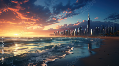 Dubai city, dramatic city center skyline and famous Jumeirah beach at sunset, United Arab Emirates photo