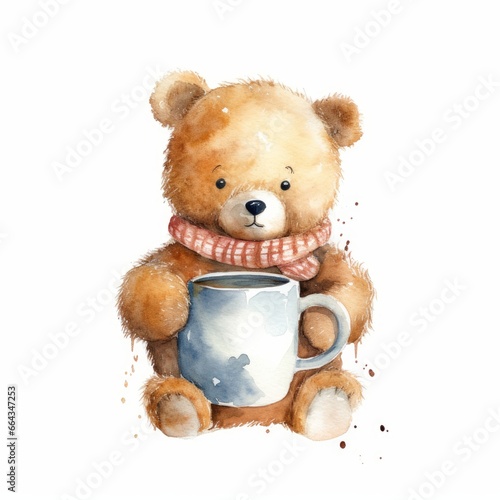 Watercolor teddy bear holding a mug of hot cocoa, single, white background. AI generated