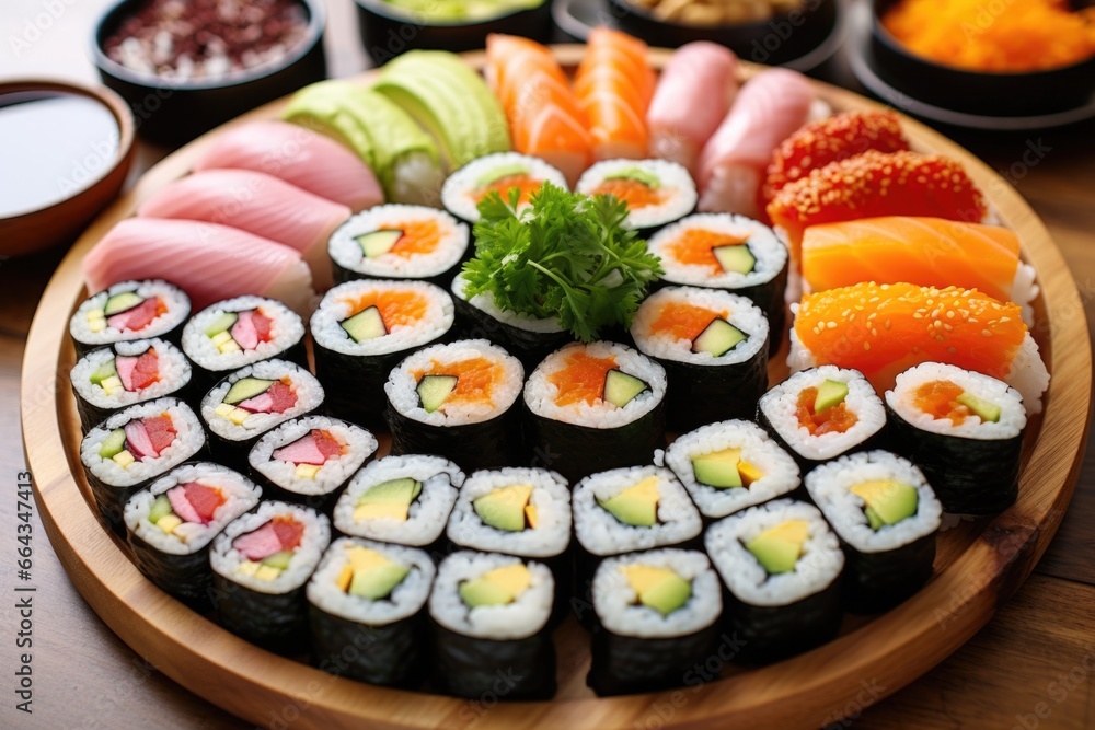 an assortment of vegetarian sushi on a ceramic plate an assortment of vegetarian sushi on a ceramic plate