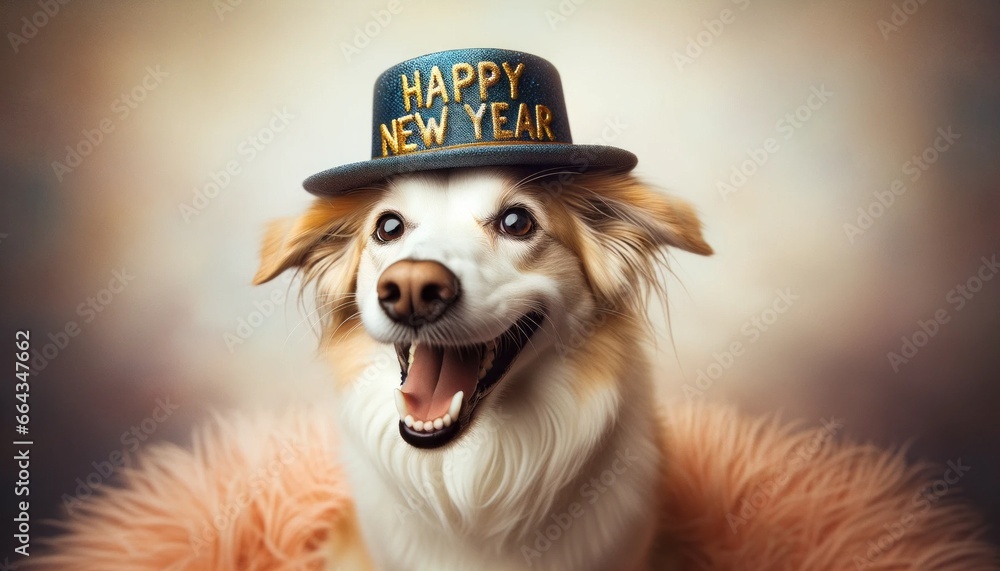 As the clock struck midnight on the first day of 2024, a happy white mammal donned a festive hat, eager to celebrate the new year with its beloved human companion by its side happy new year 2024 text - obrazy, fototapety, plakaty 