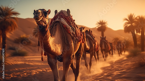 Dubai desert camel safari Arab culture, traditions and tourism landscape Arabs traveling on sand dunes in the background photo