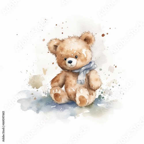 Watercolor teddy bear playing in the snow, single, white background. AI generated © PandaStockArt