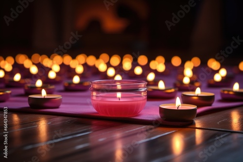 set of glowing tealight candles on a yoga mat