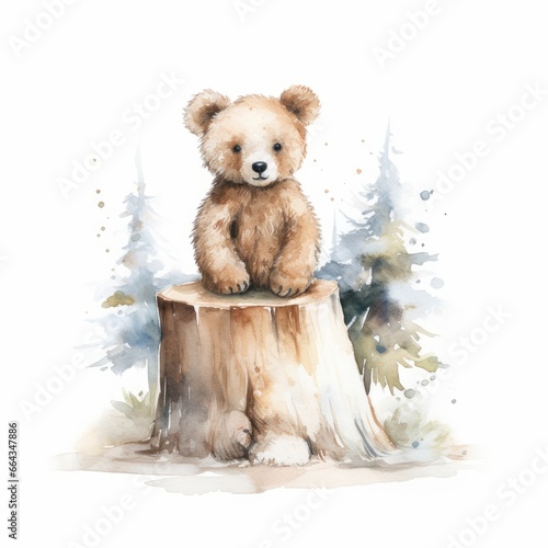 Watercolor teddy bear sitting by a crackling fireplace, single, white background. AI generated © PandaStockArt