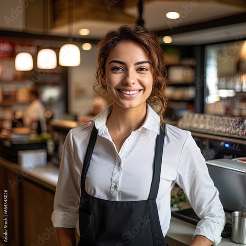 Smiling, young and attractive saleswoman,