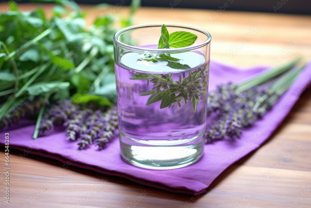 Fototapeta premium glass of detox water on a lavender-colored yoga mat