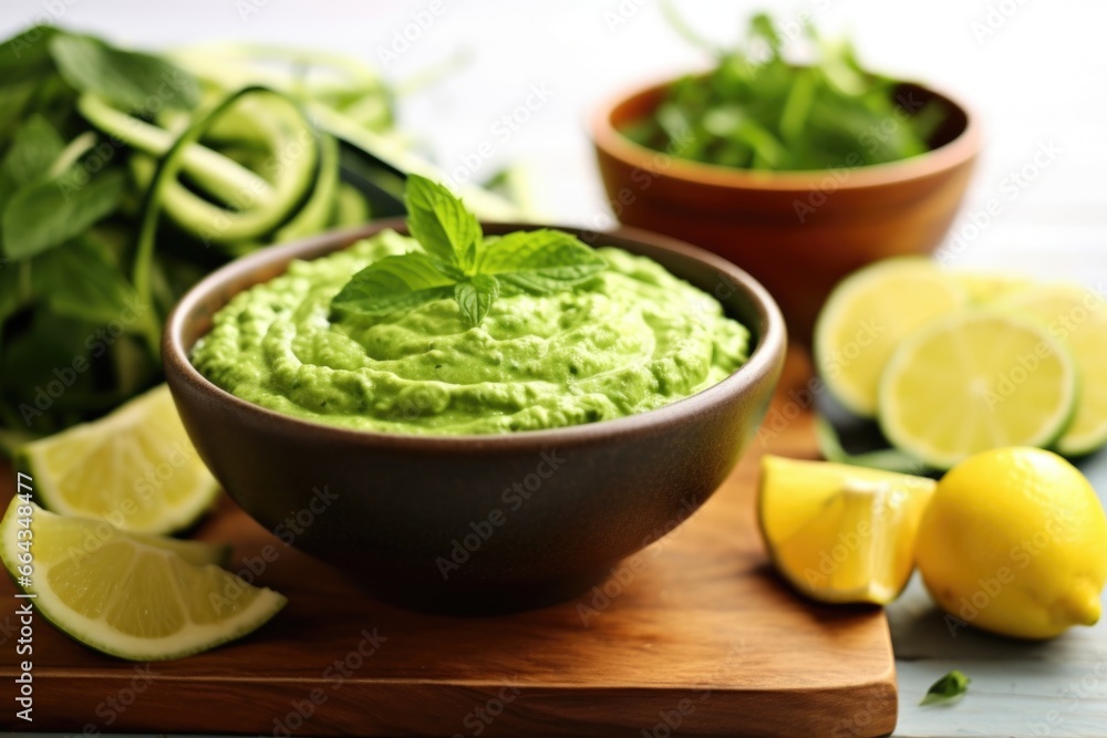 a jade green bowl of zucchini noodles with avocado sauce a jade green bowl of zucchini noodles with avocado sauce