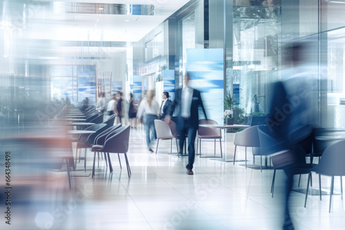 Office Space Commercial Background, Modern Interior, Blurred People Walking, Professional Workspace, Corporate Team, Daylight Setting, Business Environment, Lounge, Lobby, Generative AI.